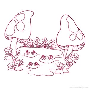 FROGS On POND REDWORK - Machine Embroidery Design