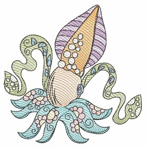 May include: Embroidered design of a stylized squid with a bulbous head and flowing tentacles. The squid features a cream-colored body, an orange and purple head, and light blue tentacles with floral patterns. The design is set against a white background.