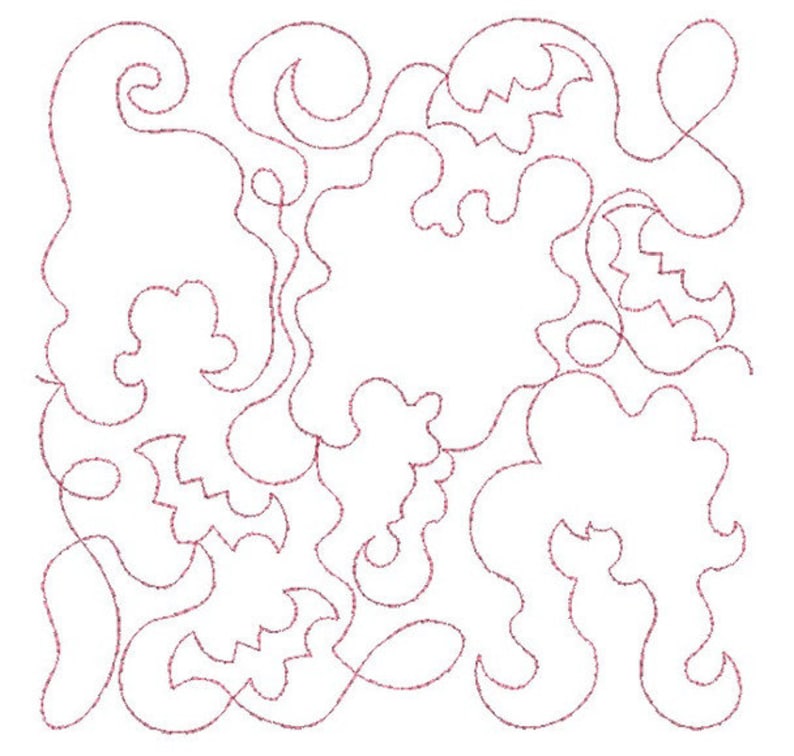 May include: A digital design for quilting featuring a repeating pattern of swirls and loops in a pink color.