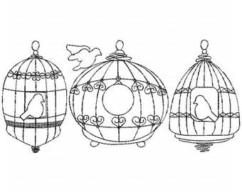 Birdcages Redwork - Machine Embroidery Design