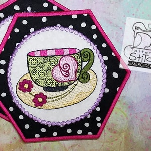 WHIMSY TEACUP EMBROIDERY 3 - Mug Rug/Coaster - Machine Embroidery Design.