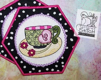 WHIMSY TEACUP EMBROIDERY 3 - Mug Rug/Coaster - Machine Embroidery Design.