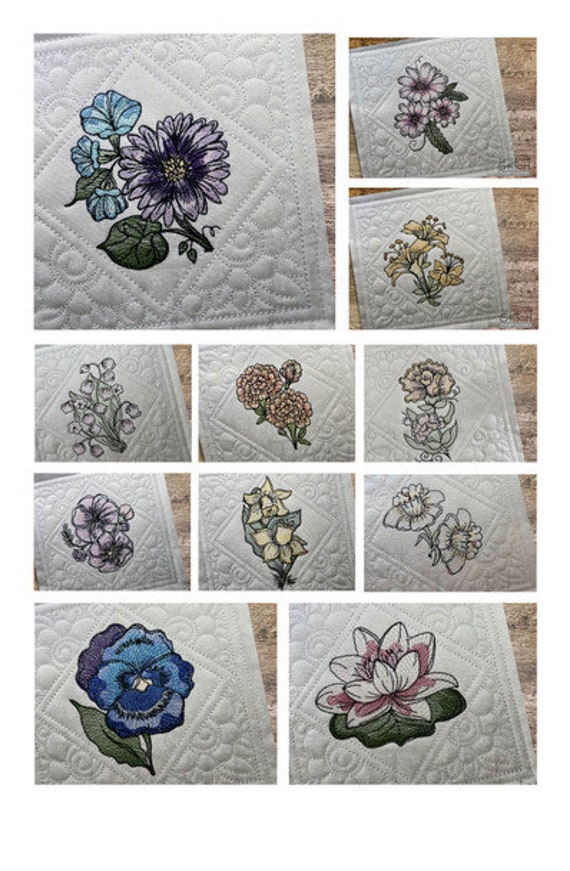FLOWER Of The Month QUILT Block Embroidery Bundle 12 Birth Month Flowers Quilt Blocks Machine Embroidery Designs