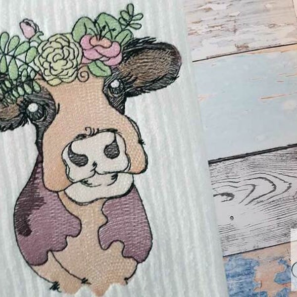 FARM ANIMALS COW Lulu with Floral Crown - Fits a 4x4", 5x7" & 8x8" Hoop - Machine Embroidery Designs