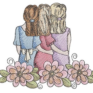 May include: Embroidered design featuring three figures with their arms around each other, with their backs to the viewer. The figures are wearing dresses in blue, pink, and purple. Below them are three large flowers with pink and peach petals and green leaves.
