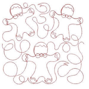 Peut inclure: Un dessin au trait rouge de quatre personnages en pain d'épices disposés en cercle. Les personnages en pain d'épices sont dessinés en rouge et ont un design simple. Le fond est blanc.
