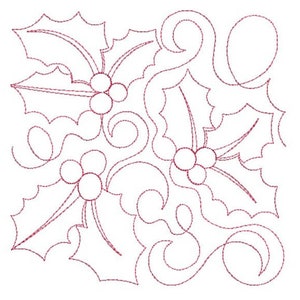 Op de afbeelding: Een zwart-witte lijntekening van hulstbladeren en bessen met een wervelende achtergrond. Het ontwerp is perfect voor quilten of borduren.