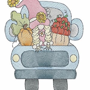 GNOME Hauling FALL EMBROIDERY - September, Fall, Apples, Pumpkins, Truck - Fits a 4x4, 5x7 & 6x10" Hoop - Machine Embroidery Designs