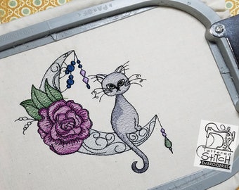 Moon Dust Kitty - 5x7&quot; & 6x11&quot; Hoop, Machine Embroidery Pattern - Instant Download - Light Fill Stitching