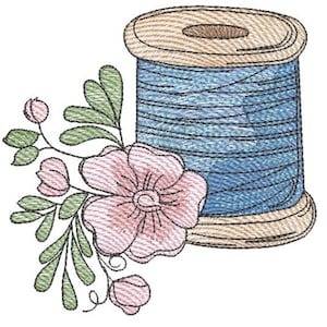 May include: A spool of blue thread with a wooden bobbin and a pink flower with green leaves.