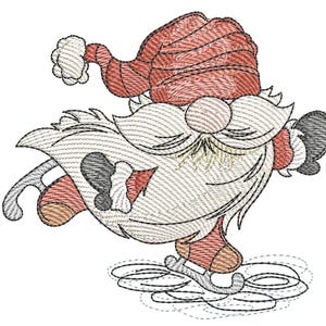 May include: An embroidered design of a gnome ice skating. The gnome wears a red hat, mittens, and socks, with a white beard and mustache. The gnome is skating on silver ice skates, with a white and gray outfit. The design is detailed with various stitch patterns.