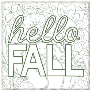 Puede incluir: Un diseño bordado en verde sobre un fondo blanco con el texto "hello fall" en una fuente estilizada.
