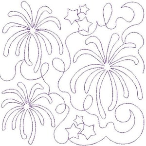May include: A black and white line drawing of fireworks and stars. The fireworks are stylized with a simple design and the stars are five-pointed.