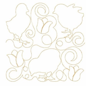 May include: A digital embroidery design featuring a chick, tulips, and swirls. The design is outlined in gold thread and is perfect for quilting or other embroidery projects.