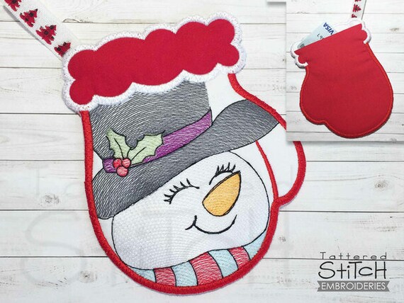 SNOWMAN MITTEN Embroidery - Christmas Snowman, Winter Embroidery,  Stockings, Christmas - Downloadable Machine Embroidery - Light Fill Stitch