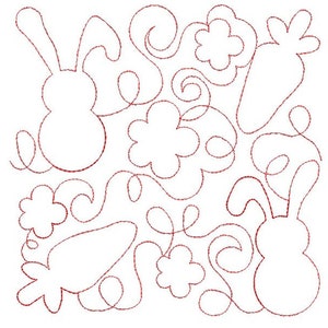 以下が含まれることがあります： ウサギ、ニンジン、花を白黒の線で描いたものです。キルトや刺繍に最適なデザインです。