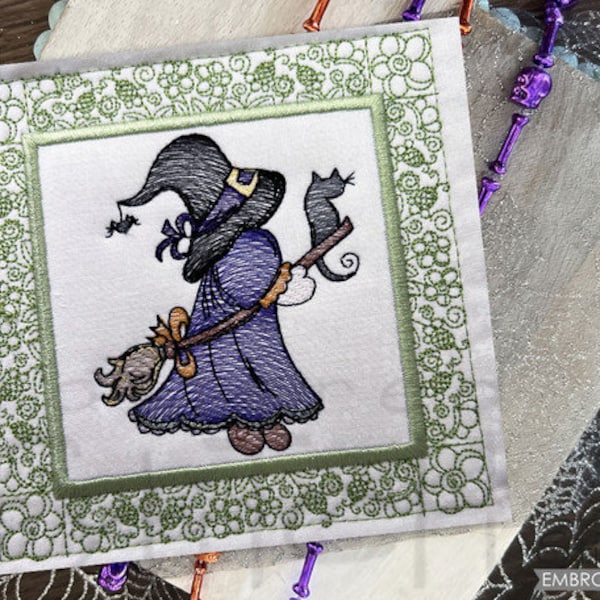 WITCH SUE Quilt Block Broderie - Sunbonnet Sue, Halloween - S’adapte à un cerceau de 5x5", 6x6", 7x7", 8x8" et 10x10" - Motifs de broderie machine