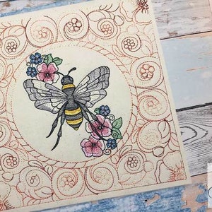 FLORAL BEE QUILT Block Embroidery -Fits a 5x5", 6x6", 8x8" & 10x10" Hoop - Machine Embroidery Designs