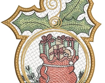 May include: Embroidered Christmas ornament featuring a red sack overflowing with wrapped gifts and a teddy bear. The ornament is framed by a gold border and holly leaves. The design is detailed with various colors and textures.