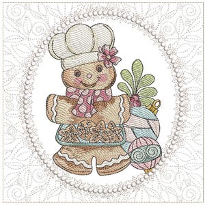Könnte beinhalten: Gesticktes Design eines Lebkuchenmanns mit Kochmütze und Schal, der ein Tablett mit Keksen und Ornamenten hält. Das Design hat eine hellbraune Farbe mit rosa, grünen und blauen Akzenten, umgeben von einem gepunkteten Rand.