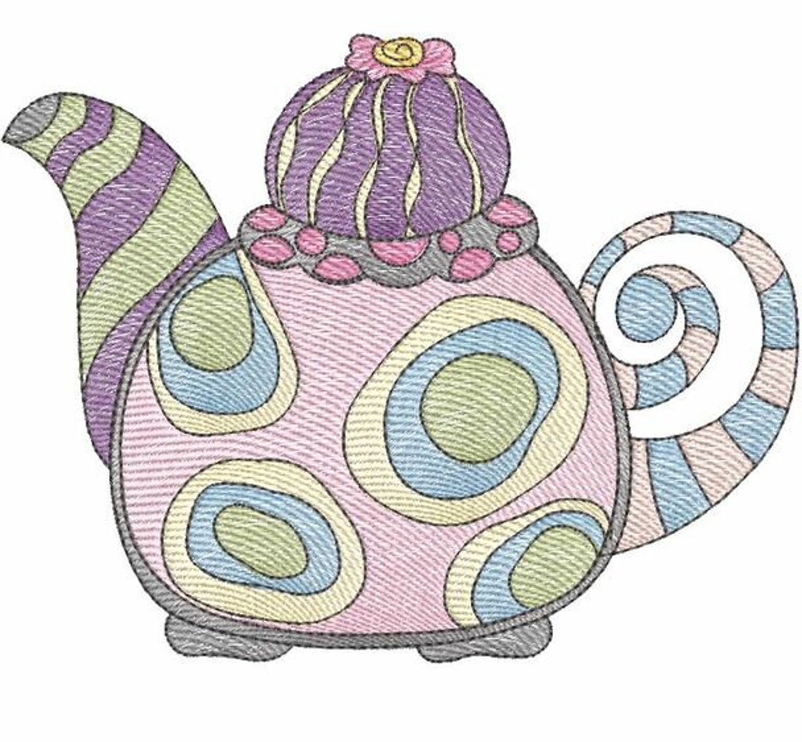 TEA KETTLE EMBROIDERY 2 no Qb Background Whimsical Tea Etsy
