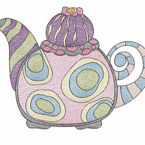 May include: A whimsical pink teapot with a purple lid and a flower on top. The teapot is decorated with green and blue circles.