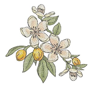 Könnte beinhalten: Ein Stickmuster mit zarten weißen Blüten mit gelben Zentren, grünen Blättern und kleinen gelben Knospen. Das Design ist perfekt, um jedem Projekt einen Hauch von Natur zu verleihen.