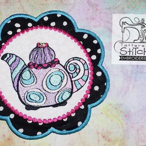 WHIMSICAL TEAPOT EMBROIDERY 2 - Mug Rug/Coaster - Machine Embroidery Design. 5x7 In The Hoop