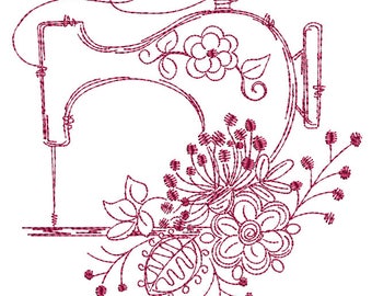 VINTAGE SEWING MACHINE Redwork - Machine Embroidery Design