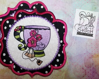 WHIMSY TEACUP EMBROIDERY 1 - Mug Rug/Coaster - Machine Embroidery Design. 5x7 - Teapcup Coaster
