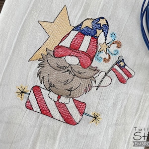GNOME Sitting On FIREWORKS Embroidery - Gnomes, Patriotic, July 4th, Gnome Embroidery - Machine Embroidery Designs