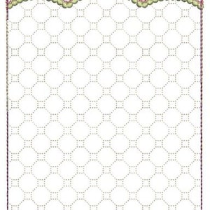 May include: A white fabric panel with a scalloped edge and a repeating pattern of small circles and squares. The panel has a pink and green beaded trim at the top.