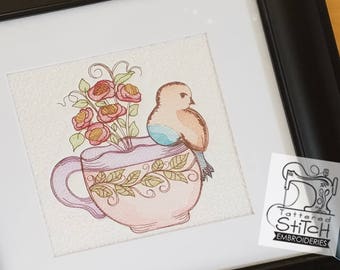 Finch Teacup Roses and VineTeacup - Machine Embroidery Design. 5x5, 6x6, 8x8 In The Hoop. Instant Download. Quilt Block. Watercolor Style