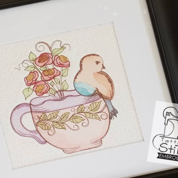 Finch Teacup Roses and VineTeacup - Machine Embroidery Design. 5x5, 6x6, 8x8 In The Hoop. Instant Download. Quilt Block. Watercolor Style