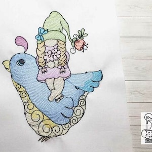 GNOME on Bird EMBROIDERY - Gnomes, Birds, Flying - Fits a 4x4, 5x7 & 6x10&quot; Hoop - MACHINE Embroidery Designs