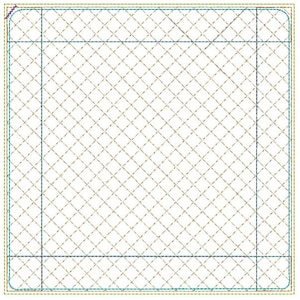May include: A white grid pattern with a blue and yellow border. The grid is made up of small squares.