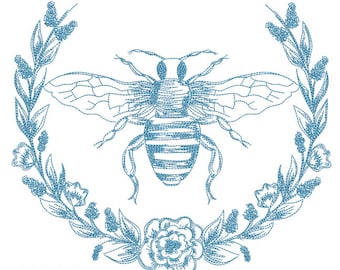 QUEEN BEE EMBROIDERY - Machine Embroidery Design. 5x7, 6x11 and 8x14" Hoop Instant Download. Red Work. Bee. Floral Wreath. Wings.