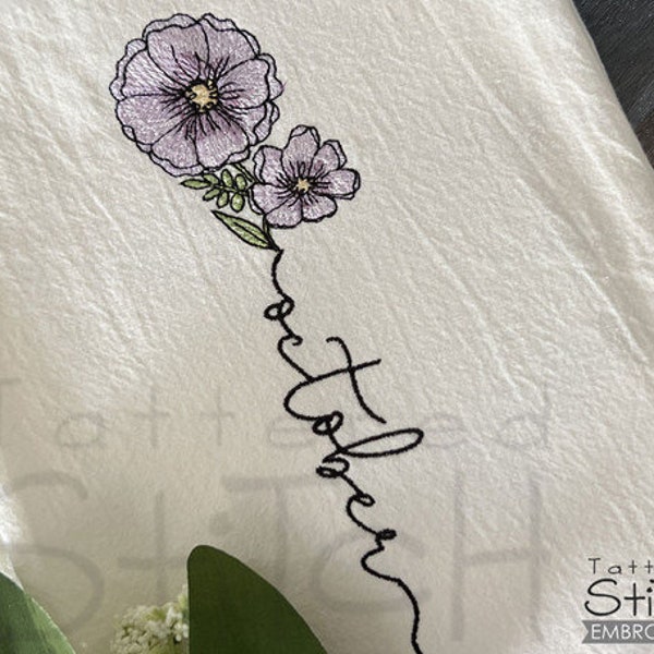 OCTOBER COSMOS Birth Month Flower Word EMBROIDERY  - Sachet, Coaster, Flower - Instant Downloadable Machine Embroidery - Light Fill Stitch