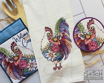 Floral CHICKEN EMBROIDERY BUNDLE - Pot Holder, Coaster, Farm Animals - Instant Downloadable Machine Embroidery - Light Fill Stitch