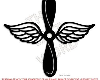 May include: A black silhouette of an airplane propeller with a pair of wings extending from the center hub. The design measures 8.5 inches by 9.5 inches. The text "PERSONALIZE WITH YOUR SQUADRON ID OR YOUR NAME, RANK OR OTHER TEXT" is visible.