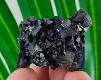 May include: A cluster of lustrous, black crystals. The mineral specimen has a complex, geometric structure with sharp, well-defined edges. The dark color and crystalline formations suggest a mineral specimen, possibly a type of gemstone or mineral.