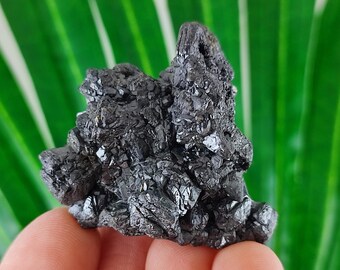 May include: A dark gray mineral specimen with a rough, textured surface. The mineral has a crystalline structure and is held in a hand against a green background. The mineral appears to be a cluster of small, interlocking crystals.