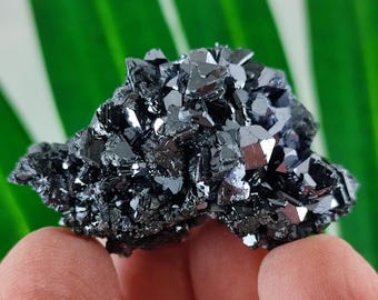 May include: A cluster of lustrous, dark gray crystals. The crystals have a metallic sheen and a complex, geometric structure. The mineral formation is set against a blurred green and white background.