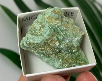 May include: A rough, light green mineral specimen with gold-colored flecks, labeled "MICA" in a white box. The stone has a textured surface and irregular shape, suggesting a natural, unpolished state. The background includes green foliage.