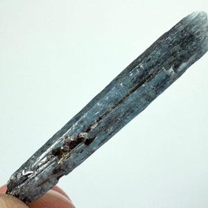 Puede incluir: Un cristal de cianita en bruto, de color azul grisáceo. La superficie texturizada presenta estrías visibles. El mineral alargado tiene un aspecto natural y sin pulir. El cristal se muestra sobre un fondo blanco, resaltando su color y forma.