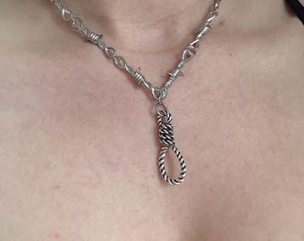 Barbed Wire Silver Hangman's Noose Necklace | Medieval Goth Alt Emo