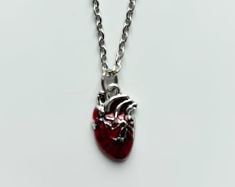Red Anatomical Heart Silver Chain | Emo Goth Alt