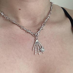 Barbed Wire Silver Spiderweb Necklace | Spooky Goth Emo Spider Alt