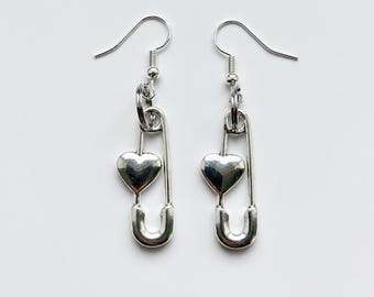 Safety Pin Heart silver earrings | Emo y2k Cool Funky Retro