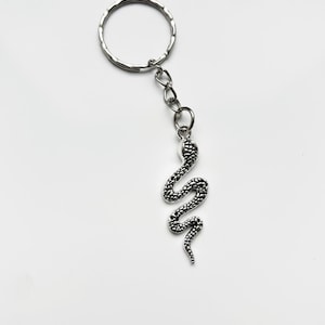 May include: A silver-tone keyring with a snake-shaped charm. The snake is intricately detailed and coiled. The keyring has a chain and a large ring. The background is plain white.